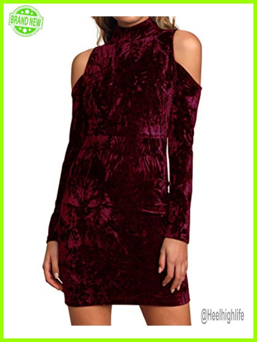 Crushed Velvet Cold Shoulder High Neck Bodycon Mini Dress Long Sleeve Party